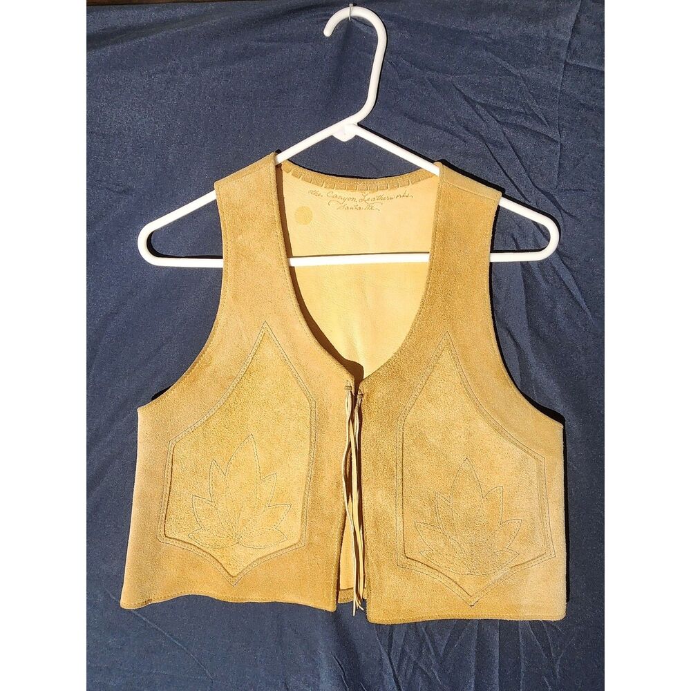 Vintage The Canyon Leatherworks Santa Fe Handmade Suede Leather Vest Leaf Fringe
